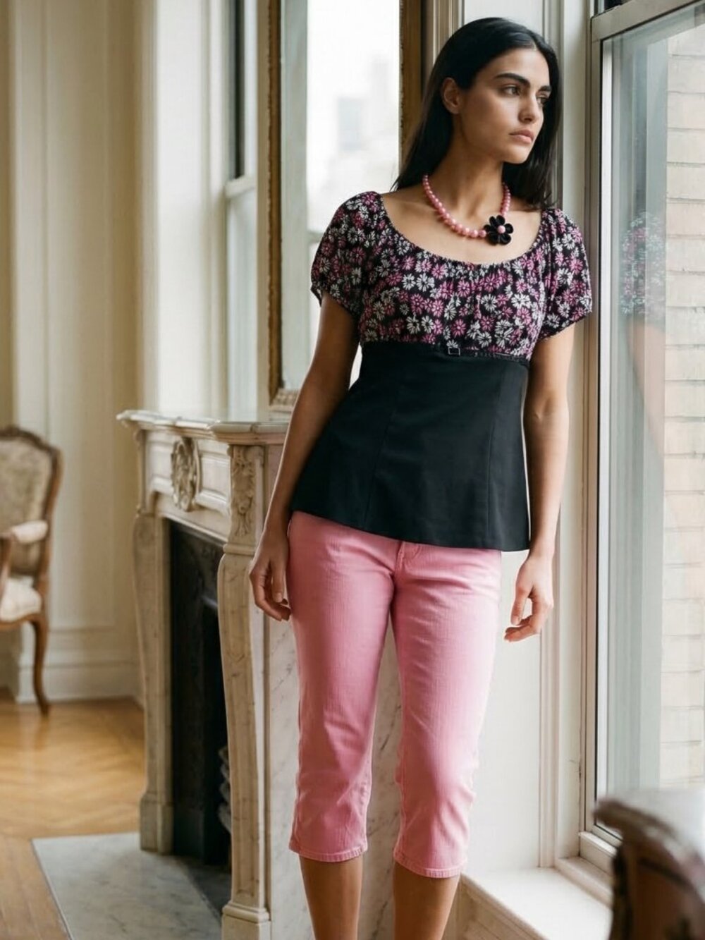 Adorable Studio 1940 Babydoll Black & Pink Floral Top w/Patent Leather Faux Belt